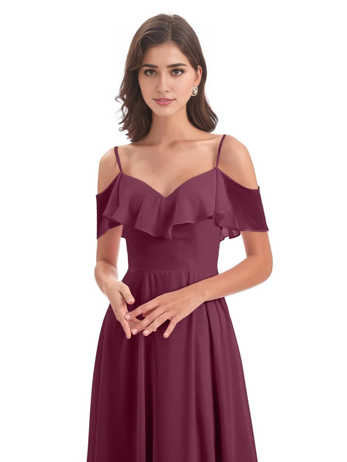 A-line Floor Length Spaghetti Straps Ruffles Long Bridesmaid Dresses simple gentle atmospheric and unique desi Bring summer colors to enhance whiteness