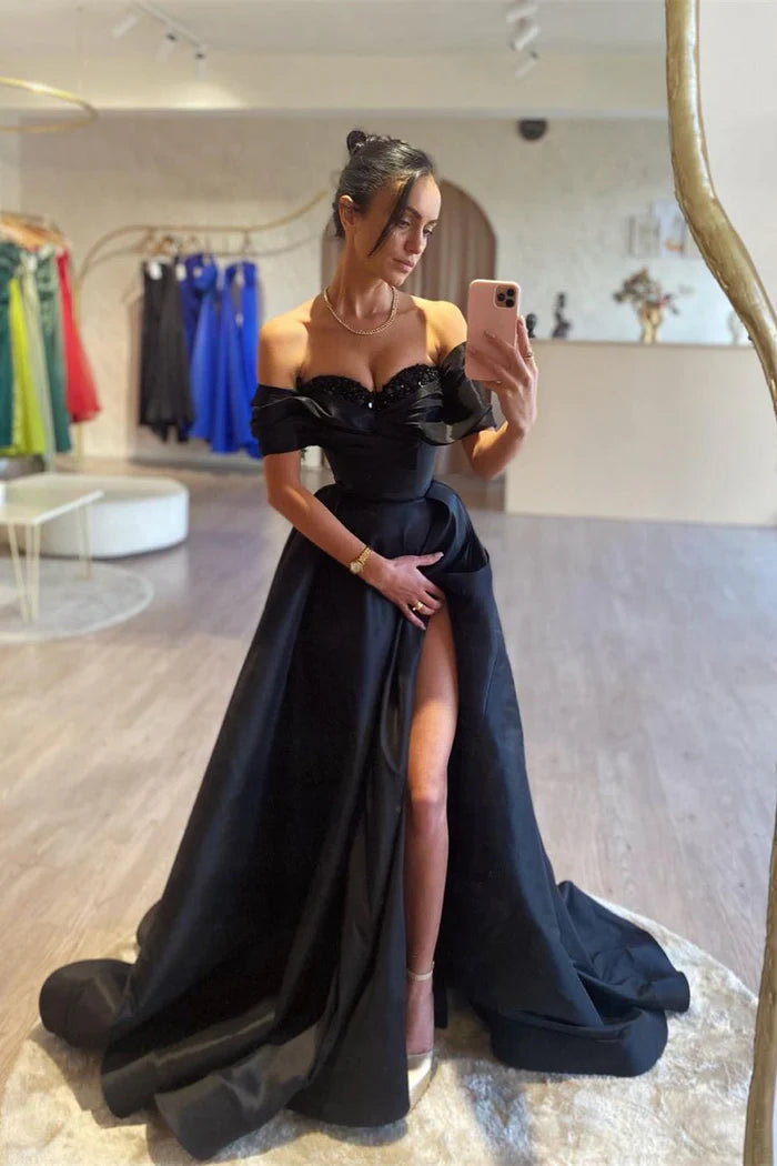 A-line Gorgeous Long Black Off-the-shoulder Prom Dress With Beadings Sequins Simple gentle atmospheric and unique design