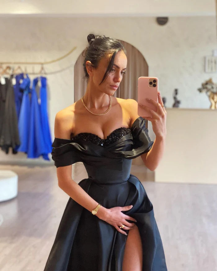 A-line Gorgeous Long Black Off-the-shoulder Prom Dress With Beadings Sequins Simple gentle atmospheric and unique design