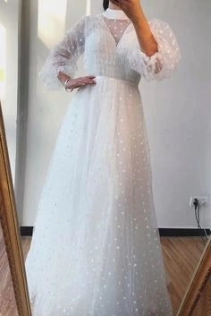 A-line High Neck Long Sleeves White Long Prom Dresses Formal Gowns simple gentle atmospheric and unique desi Bring summer colors to enhance whiteness