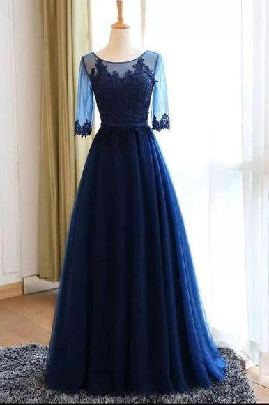 A-line Scoop Neck Dark Blue Long Prom Dresses With Sleeves simple gentle atmospheric and unique desi Bring summer colors to enhance whiteness