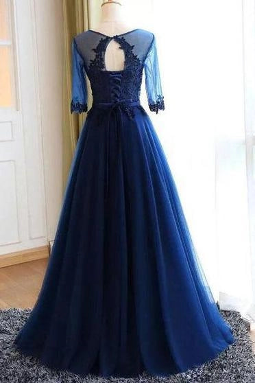 A-line Scoop Neck Dark Blue Long Prom Dresses With Sleeves simple gentle atmospheric and unique desi Bring summer colors to enhance whiteness
