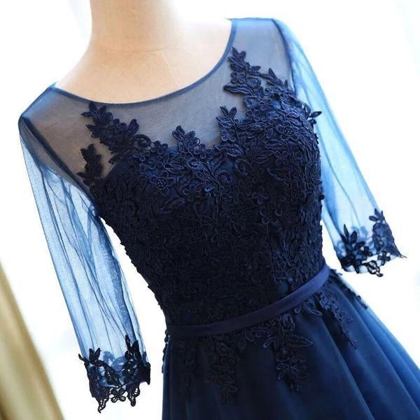 A-line Scoop Neck Dark Blue Long Prom Dresses With Sleeves simple gentle atmospheric and unique desi Bring summer colors to enhance whiteness