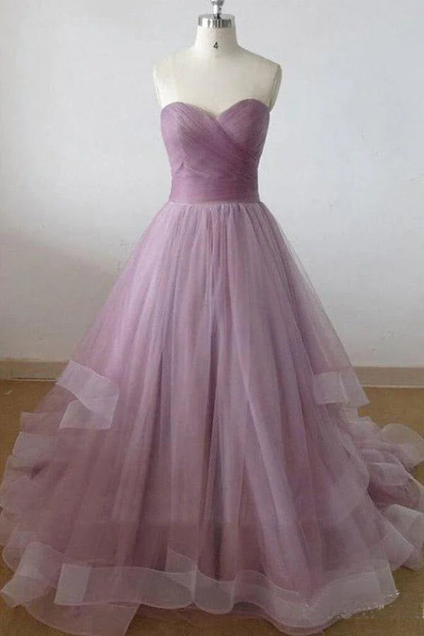 A-line Sweetheart Tulle Long Prom Dress With Ruffles simple gentle atmospheric and unique desi Bring summer colors to enhance whiteness