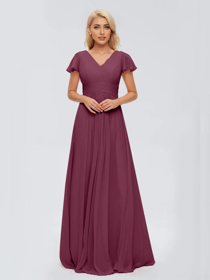 A-line V Neck Chiffon Bridesmaid Dresses simple gentle atmospheric and unique desi Bring summer colors to enhance whiteness