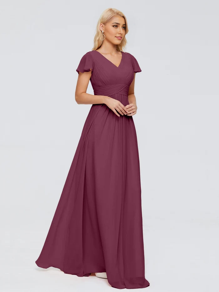 A-line V Neck Chiffon Bridesmaid Dresses simple gentle atmospheric and unique desi Bring summer colors to enhance whiteness