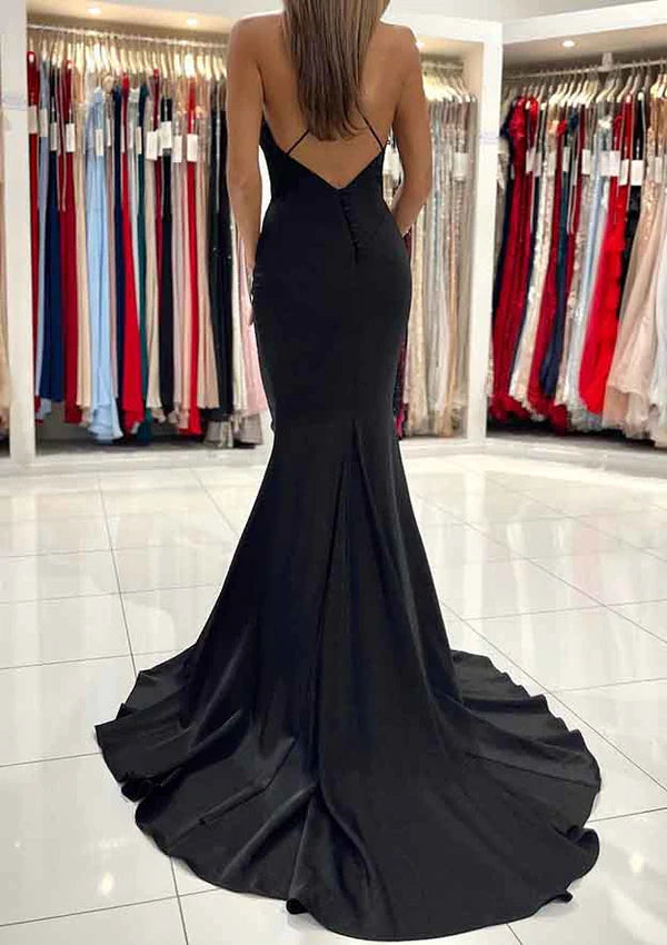 AElegant Trumpet/Mermaid V-Neck Satin Prom Dress/Evening Dress with Sweep Train Simple gentle atmospheric and unique design