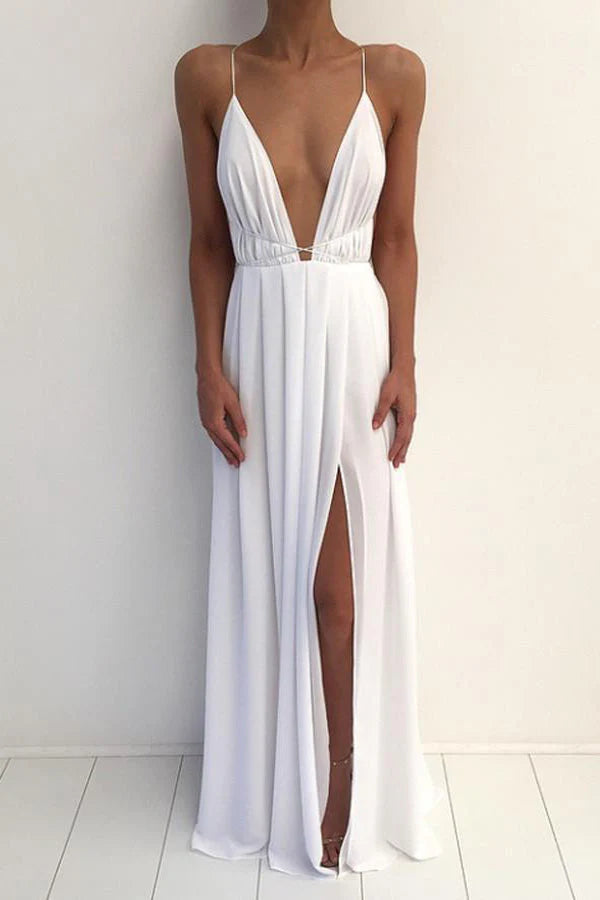 A Line Backless Chiffon Prom Dress With Split simple gentle atmospheric and unique desi Bring summer colors to enhance whiteness