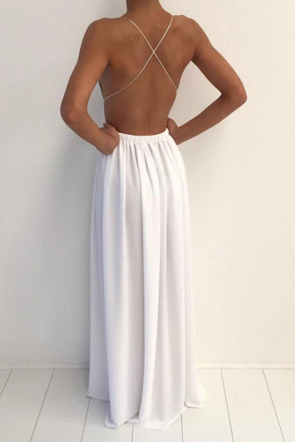 A Line Backless Chiffon Prom Dress With Split simple gentle atmospheric and unique desi Bring summer colors to enhance whiteness