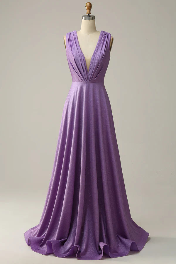 A Line Deep V Neck Purple Sleeveless Long Prom Dress Simple gentle atmospheric and unique design ﻿