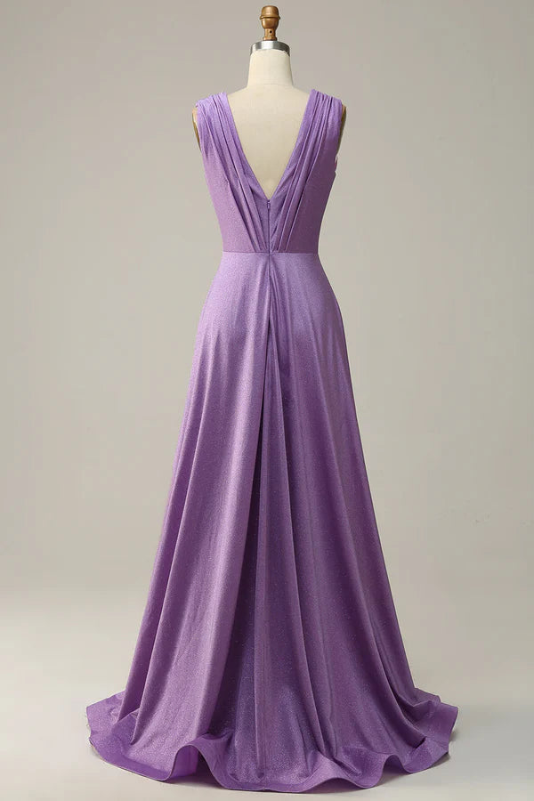 A Line Deep V Neck Purple Sleeveless Long Prom Dress Simple gentle atmospheric and unique design ﻿