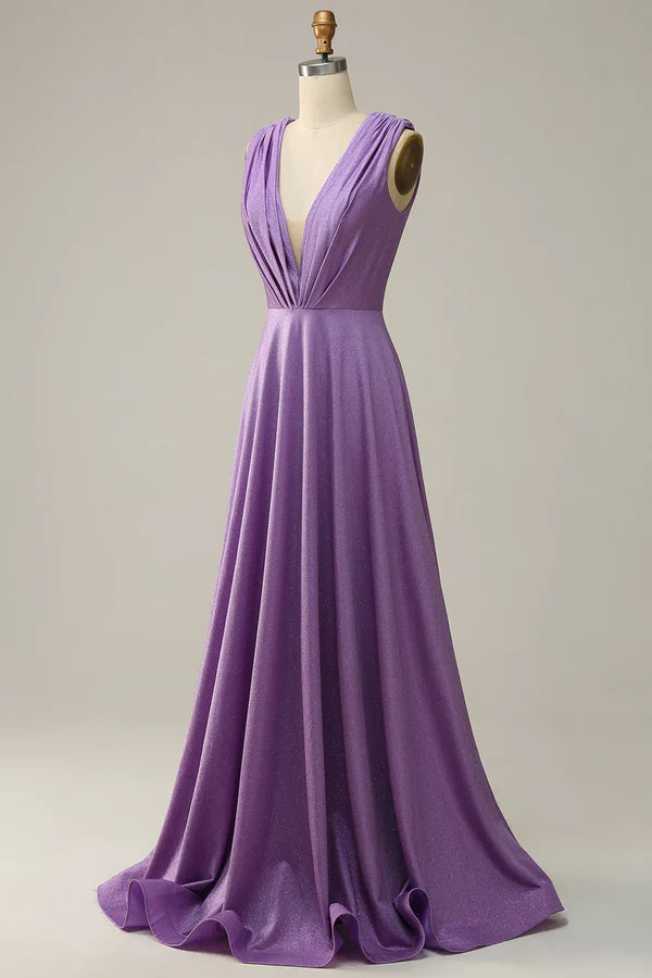 A Line Deep V Neck Purple Sleeveless Long Prom Dress Simple gentle atmospheric and unique design ﻿