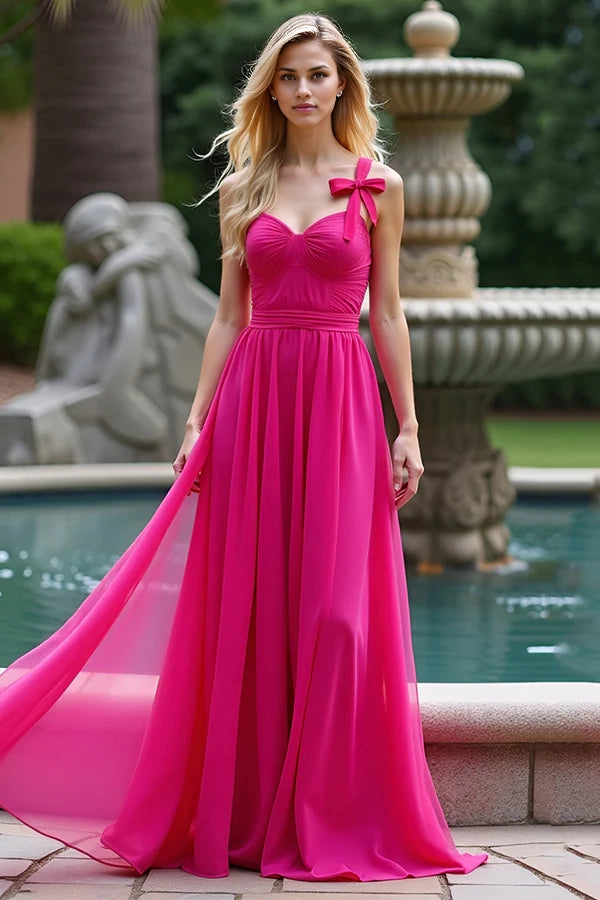A Line Fuchsia Straps Ruched Long Tulle Prom Dress simple gentle atmospheric and unique desi Bring summer colors to enhance whiteness
