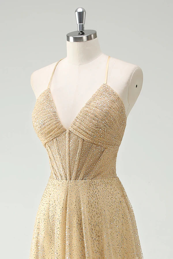 A Line Gold Sequin Spaghetti Straps Prom Dress With Slit simple gentle atmospheric and unique desi Bring summer colors to enhance whiteness