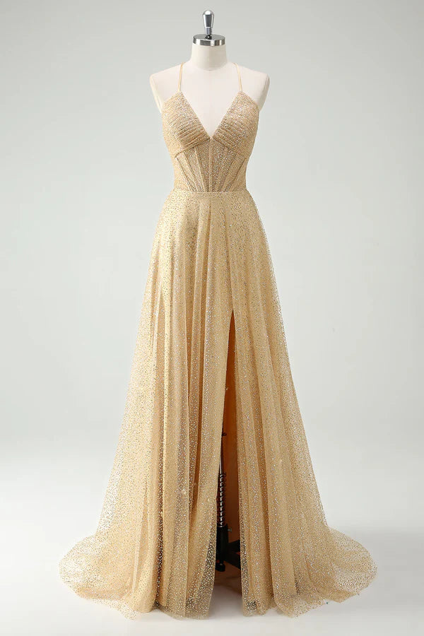 A Line Gold Sequin Spaghetti Straps Prom Dress With Slit simple gentle atmospheric and unique desi Bring summer colors to enhance whiteness