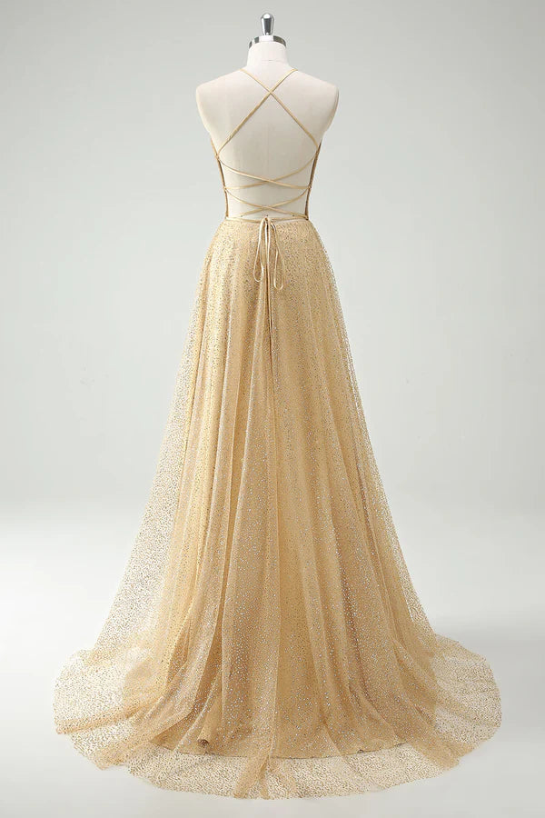 A Line Gold Sequin Spaghetti Straps Prom Dress With Slit simple gentle atmospheric and unique desi Bring summer colors to enhance whiteness