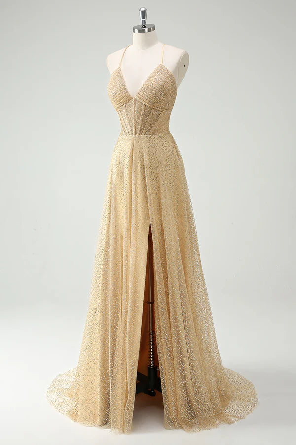A Line Gold Sequin Spaghetti Straps Prom Dress With Slit simple gentle atmospheric and unique desi Bring summer colors to enhance whiteness
