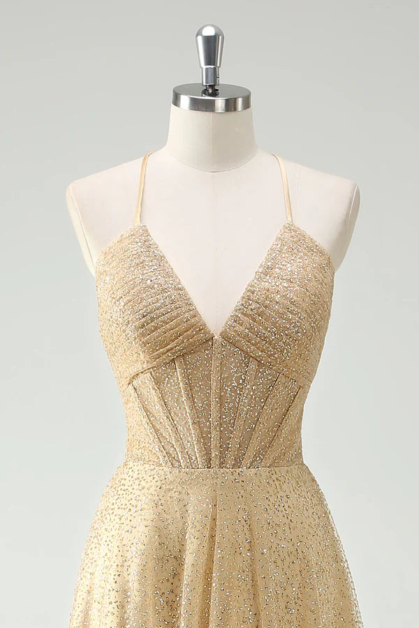 A Line Gold Sequin Spaghetti Straps Prom Dress With Slit simple gentle atmospheric and unique desi Bring summer colors to enhance whiteness