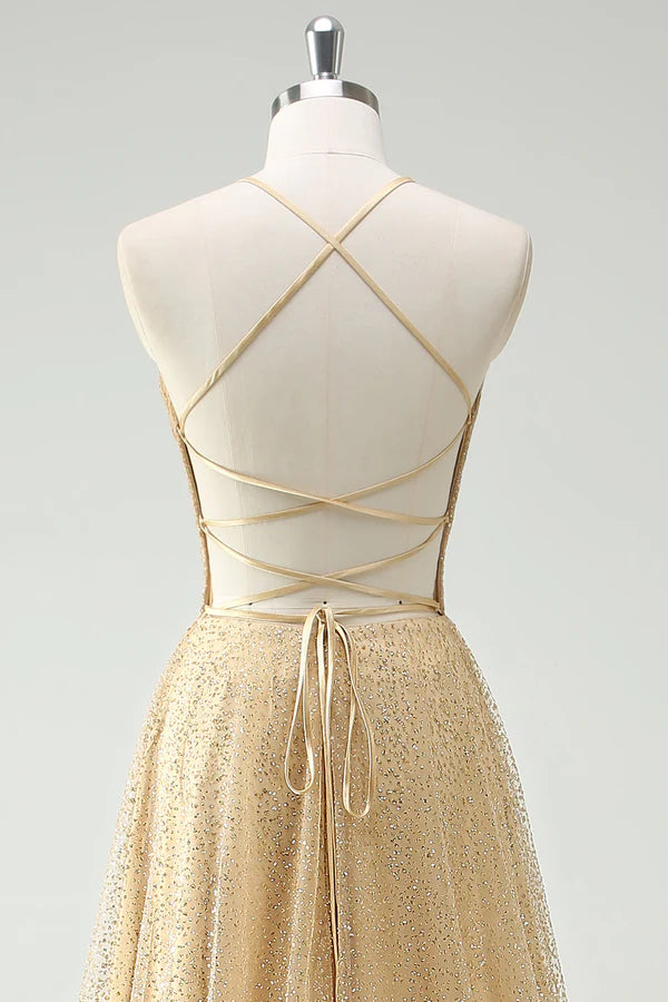 A Line Gold Sequin Spaghetti Straps Prom Dress With Slit simple gentle atmospheric and unique desi Bring summer colors to enhance whiteness