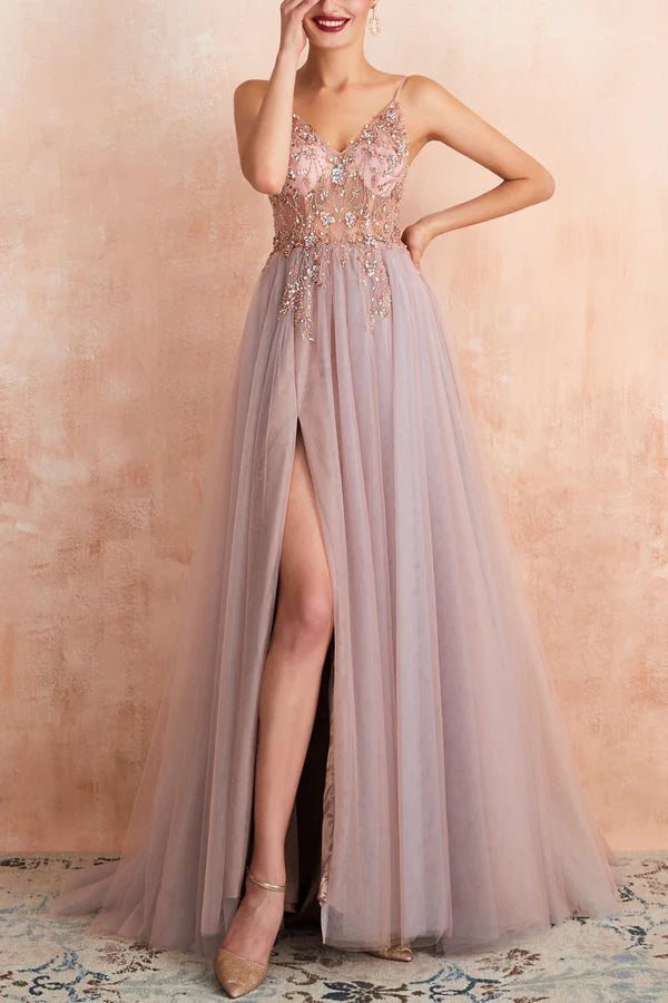 A Line Grey Pink V-neck Tulle Prom Dress with Slit Simple gentle atmospheric and unique design