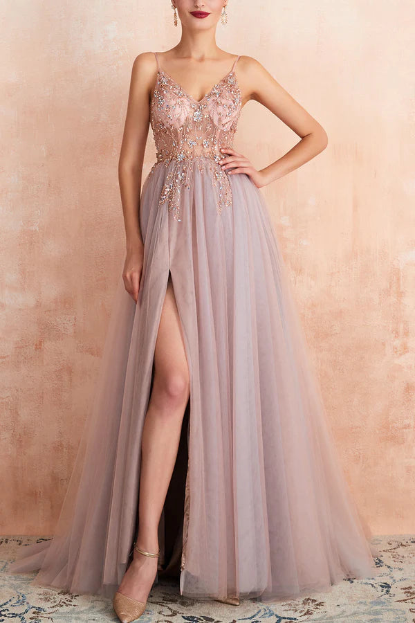 A Line Grey Pink V-neck Tulle Prom Dress with Slit Simple gentle atmospheric and unique design