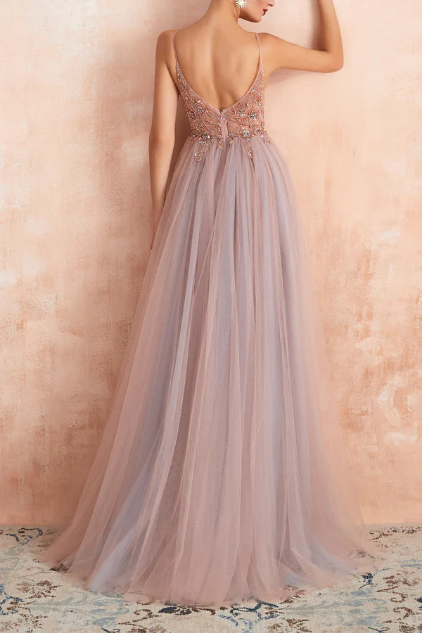 A Line Grey Pink V-neck Tulle Prom Dress with Slit Simple gentle atmospheric and unique design