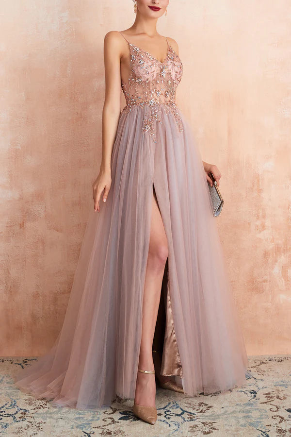 A Line Grey Pink V-neck Tulle Prom Dress with Slit Simple gentle atmospheric and unique design