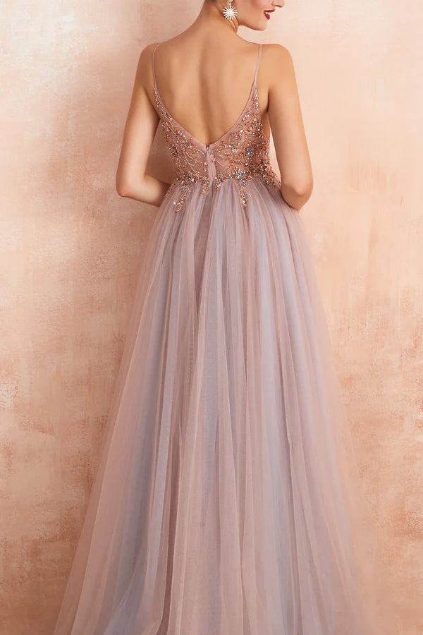 A Line Grey Pink V-neck Tulle Prom Dress with Slit Simple gentle atmospheric and unique design