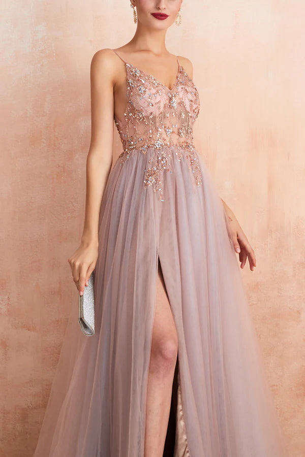 A Line Grey Pink V-neck Tulle Prom Dress with Slit Simple gentle atmospheric and unique design