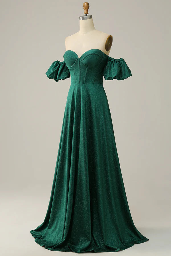 A Line Off the Shoulder Dark Green Long Prom Dress Simple gentle atmospheric and unique design