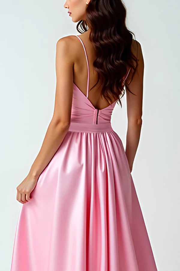 A Line Pink Spaghetti Straps Long Prom Dress With Train simple gentle atmospheric and unique desi Bring summer colors to enhance whiteness