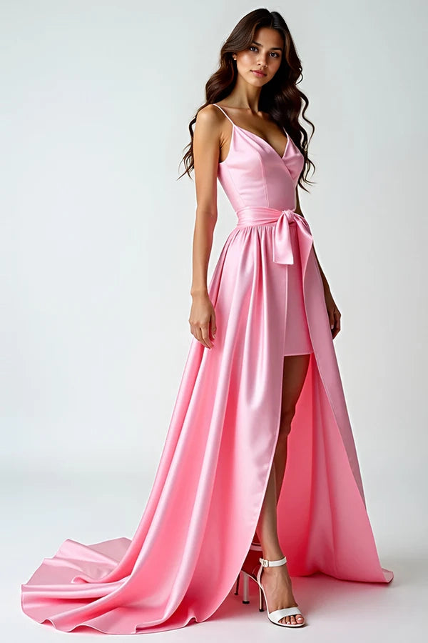 A Line Pink Spaghetti Straps Long Prom Dress With Train simple gentle atmospheric and unique desi Bring summer colors to enhance whiteness
