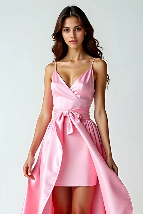 A Line Pink Spaghetti Straps Long Prom Dress With Train simple gentle atmospheric and unique desi Bring summer colors to enhance whiteness