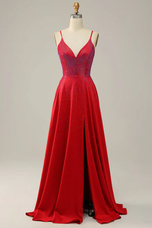 A Line Red Spaghetti Straps Beaded Long Prom Dress Simple gentle atmospheric and unique design ﻿