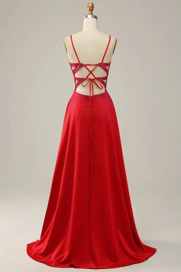A Line Red Spaghetti Straps Beaded Long Prom Dress Simple gentle atmospheric and unique design ﻿
