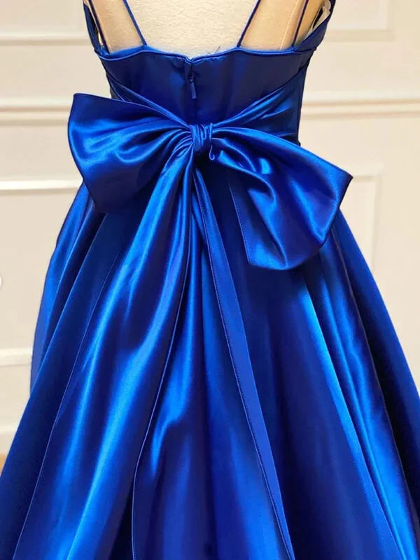 A Line Royal Blue Satin Spaghetti Straps Prom Dress With Bowknot simple gentle atmospheric and unique desi Bring summer colors to enhance whiteness