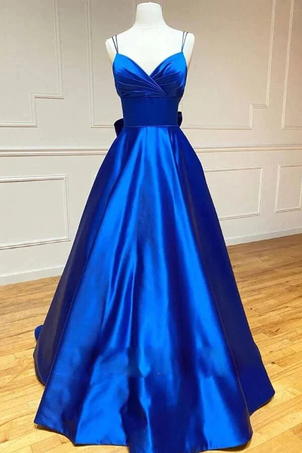 A Line Royal Blue Satin Spaghetti Straps Prom Dress With Bowknot simple gentle atmospheric and unique desi Bring summer colors to enhance whiteness