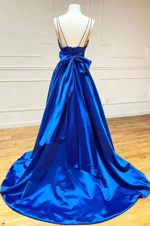 A Line Royal Blue Satin Spaghetti Straps Prom Dress With Bowknot simple gentle atmospheric and unique desi Bring summer colors to enhance whiteness