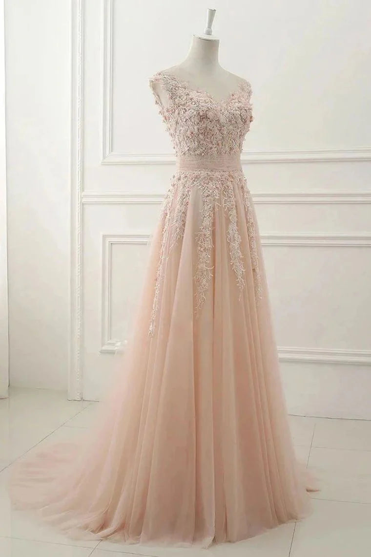 A Line Sheer Neck Cap Sleeves Tulle Prom Dresses With Appliques simple gentle atmospheric and unique desi Bring summer colors to enhance whiteness