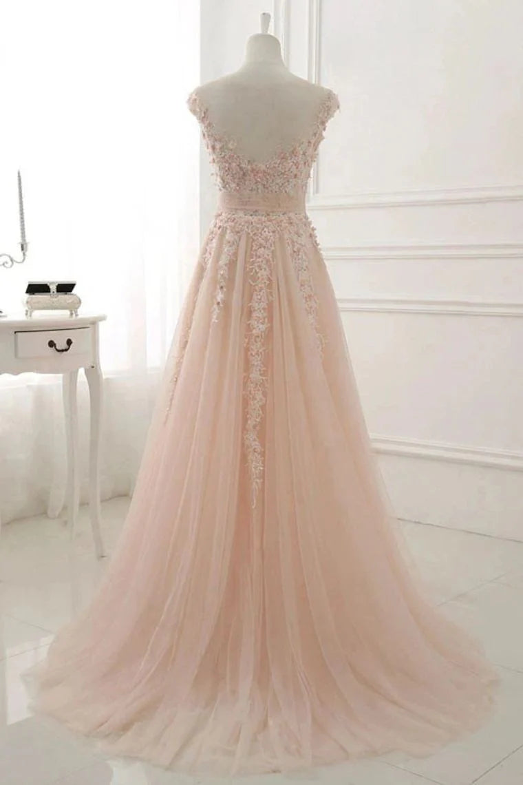 A Line Sheer Neck Cap Sleeves Tulle Prom Dresses With Appliques simple gentle atmospheric and unique desi Bring summer colors to enhance whiteness