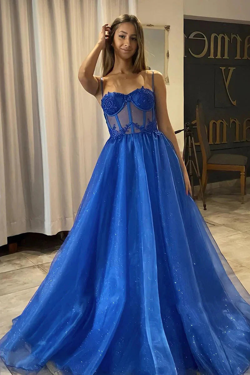 A Line Shiny Royal Blue Tulle Formal Prom Dress simple gentle atmospheric and unique desi Bring summer colors to enhance whiteness