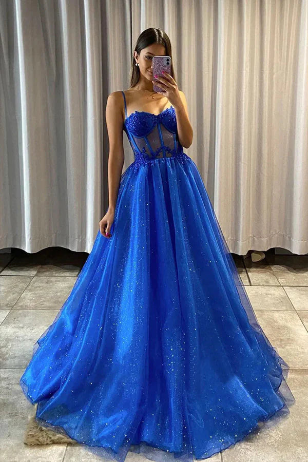 A Line Shiny Royal Blue Tulle Formal Prom Dress simple gentle atmospheric and unique desi Bring summer colors to enhance whiteness