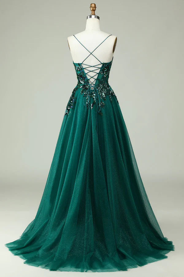 A Line Spaghetti Straps Dark Green Corset Prom Dress with Appliques Simple gentle atmospheric and unique design