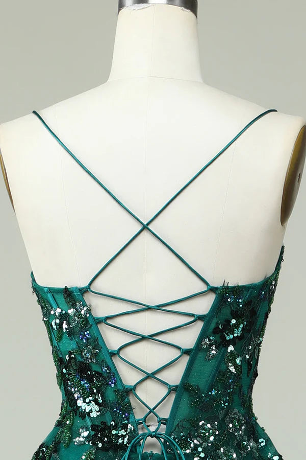 A Line Spaghetti Straps Dark Green Corset Prom Dress with Appliques Simple gentle atmospheric and unique design ﻿
