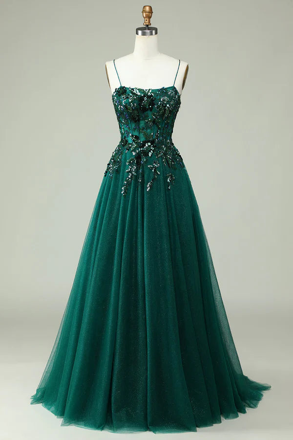 A Line Spaghetti Straps Dark Green Corset Prom Dress with Appliques Simple gentle atmospheric and unique design ﻿