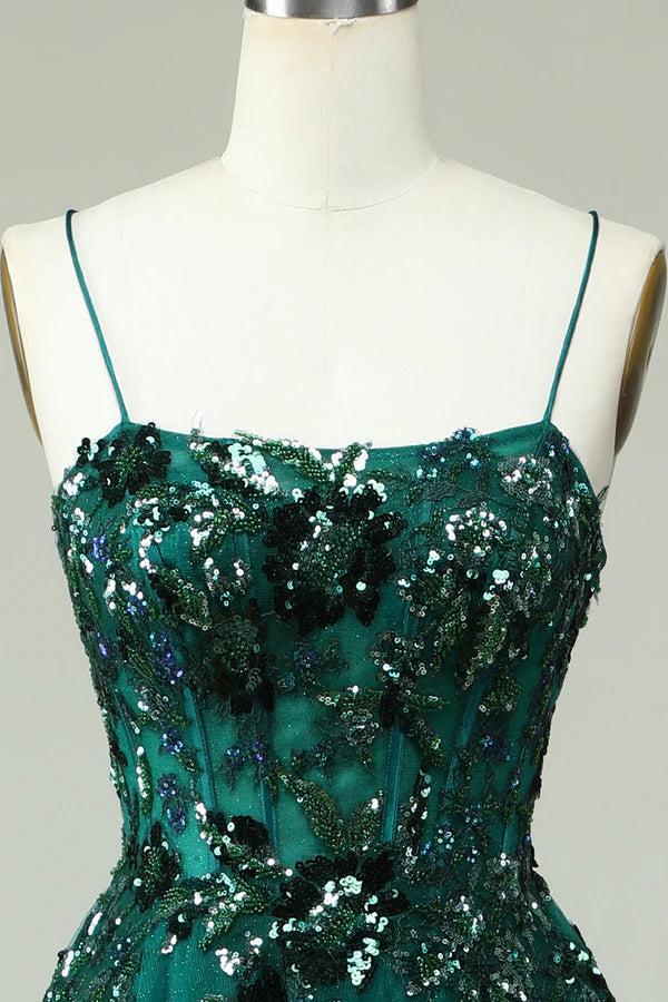 A Line Spaghetti Straps Dark Green Corset Prom Dress with Appliques Simple gentle atmospheric and unique design ﻿