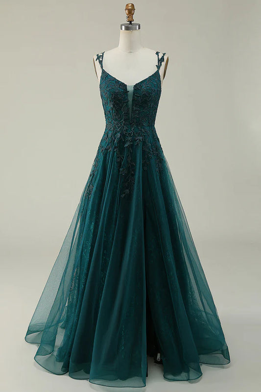 A Line Spaghetti Straps Dark Green Long Prom Dress with Appliques Simple gentle atmospheric and unique design