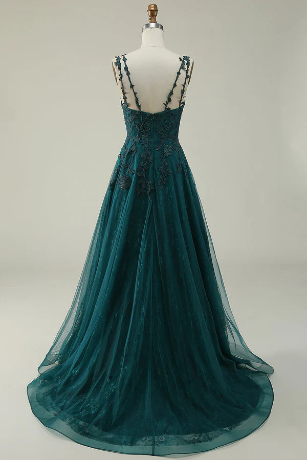 A Line Spaghetti Straps Dark Green Long Prom Dress with Appliques Simple gentle atmospheric and unique design