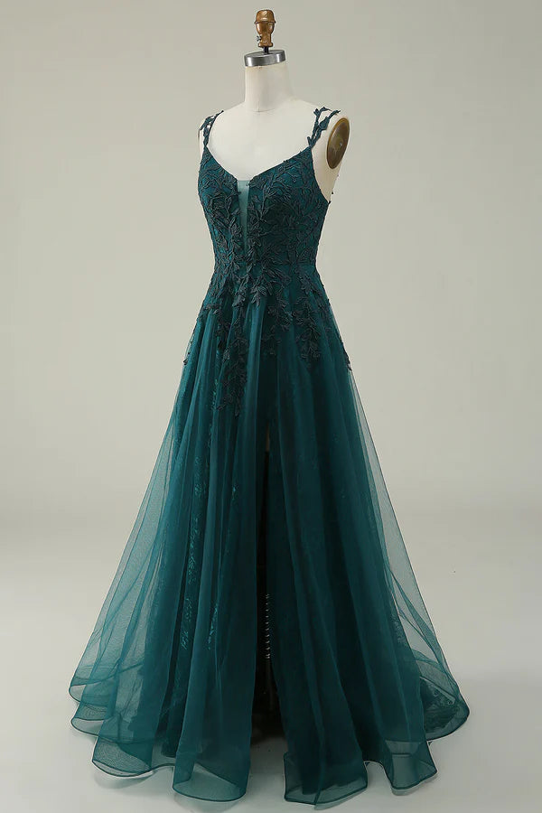 A Line Spaghetti Straps Dark Green Long Prom Dress with Appliques Simple gentle atmospheric and unique design