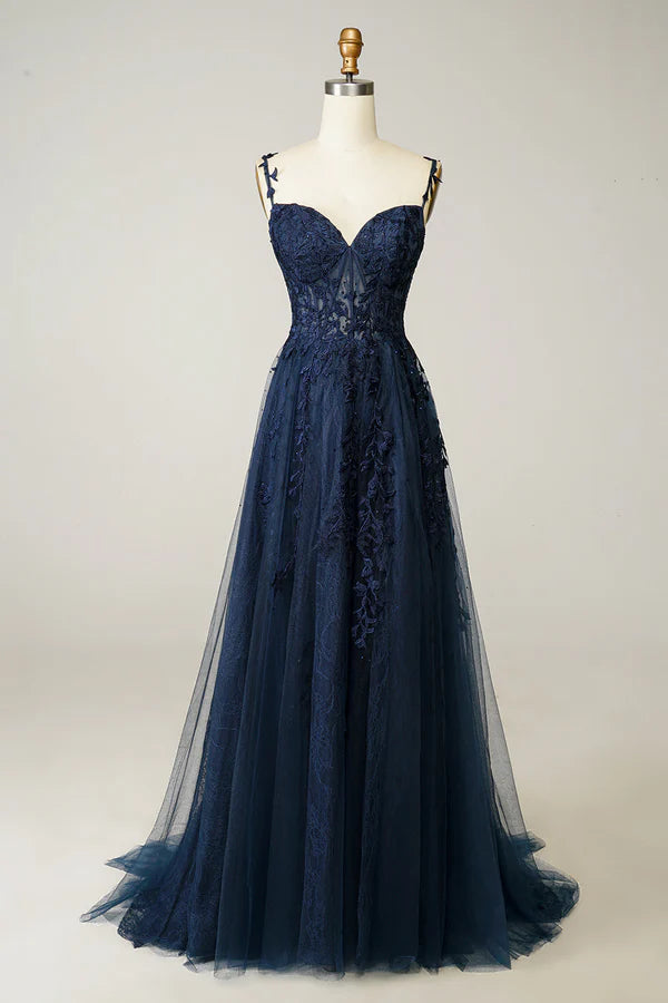 A Line Spaghetti Straps Navy Prom Dress with Appliques Simple gentle atmospheric and unique design ﻿